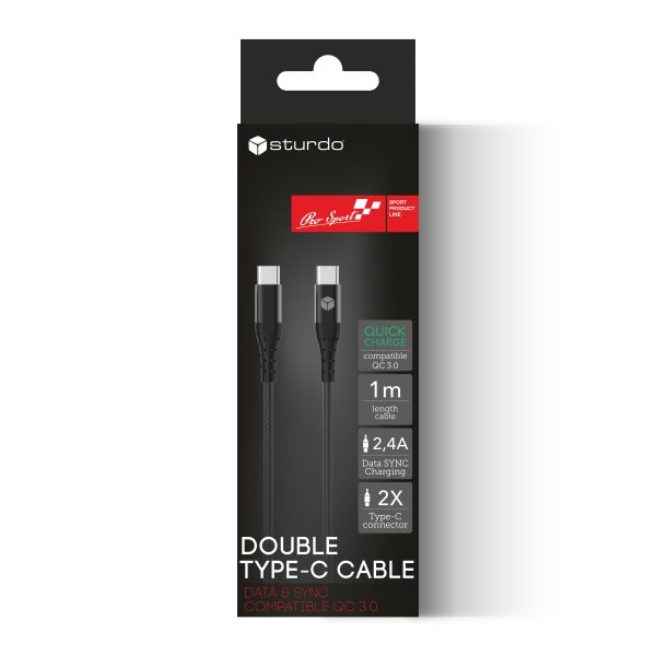 STURDO® Textilkabel Type C - Type C, 2.4A, 1M - SCHWARZ