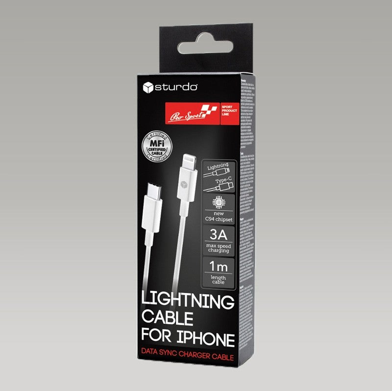 STURDO® Datenkabel Type C - MFi Lightning, 3A, 20W, 1M - WEISS