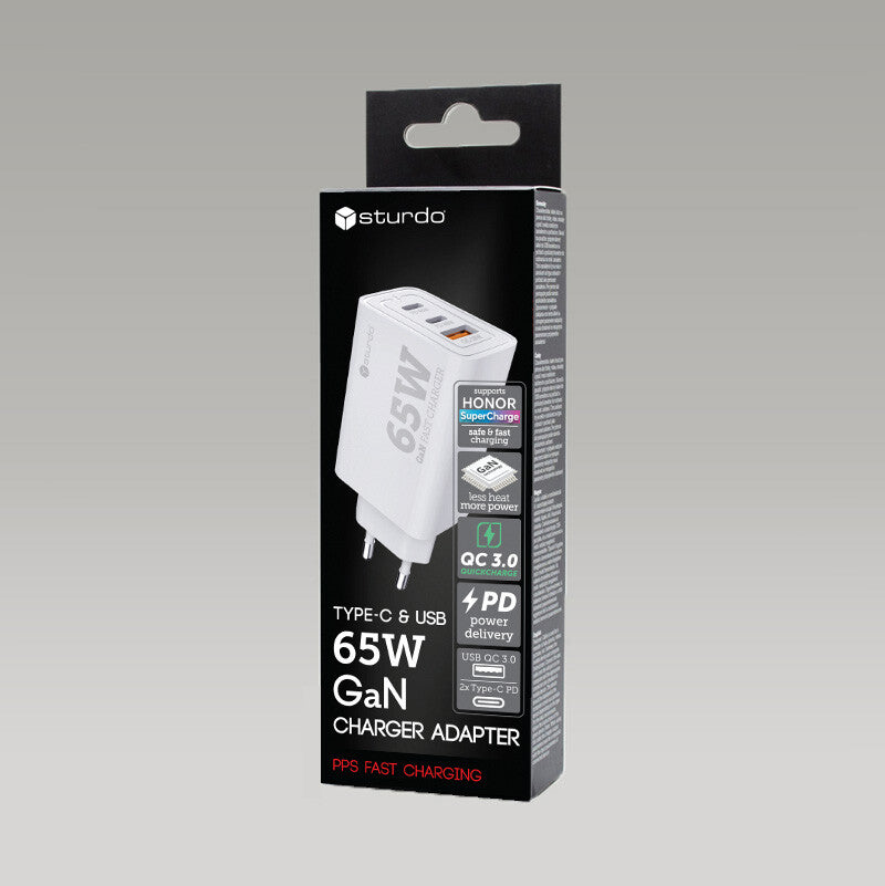 STURDO® Adapter 65W GaN 2x Type-C + QC 3.0